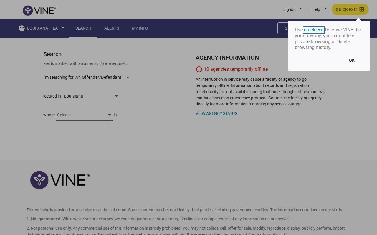 Caldwell Parish released inmate search form on Louisiana VINELink